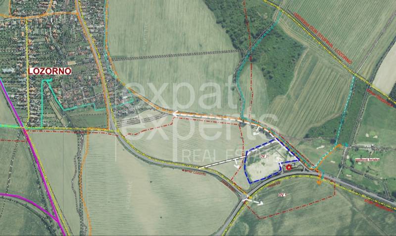 Karte bei Lozorno zeigt die Straßeninfrastruktur und die Umgebung der Borovicová-Straße, Grundstücke - Wohnen.