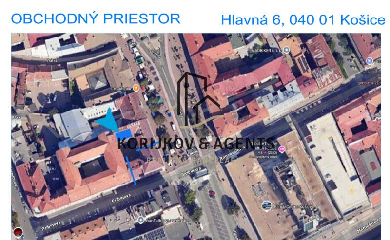 Luftaufnahme von Geschäftsräumen in der Hauptstraße, Košice - Stadtteil Altstadt.