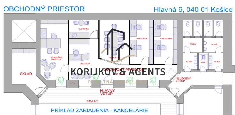 Der Grundriss der Geschäftsräume umfasst Büros, einen Besprechungsraum, eine Teeküche und Lager.