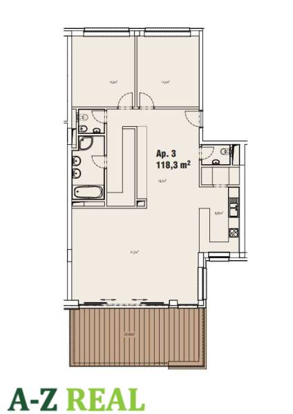 Der Grundriss zeigt eine 3-Zimmer-Wohnung mit einer Fläche von 118,3 m² und einer Terrasse.