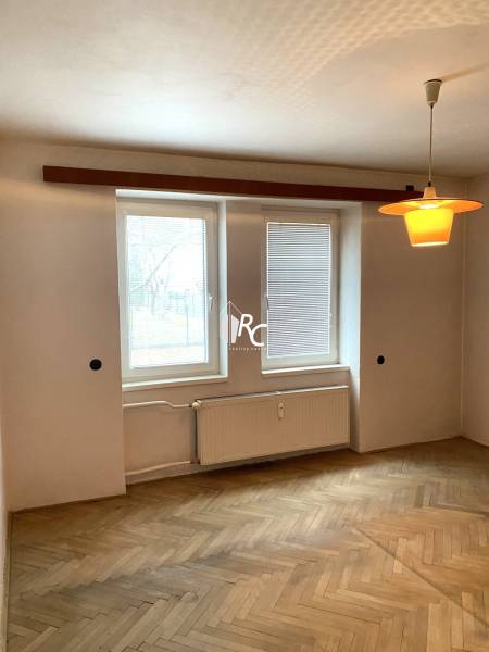 Ein Zimmer mit hellem Boden in Holzoptik, Heizkörper und Beleuchtung in einer 2-Zimmer-Wohnung.