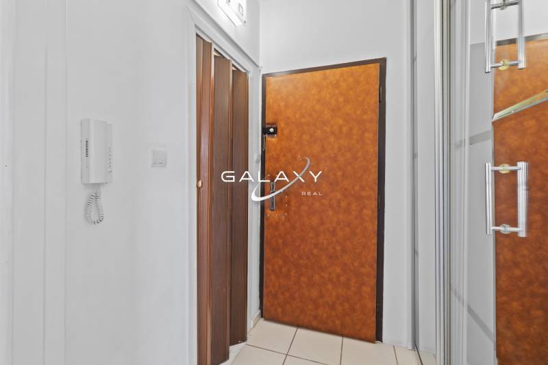 Innenraum einer Einzimmerwohnung mit Holztürdekor und Einbauschrank.