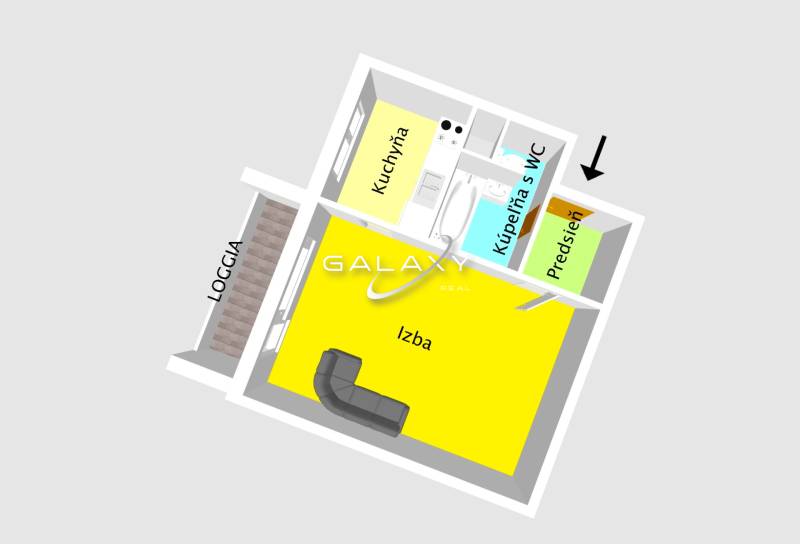 Grundriss einer Einzimmerwohnung mit Vorraum, Badezimmer und Loggia.