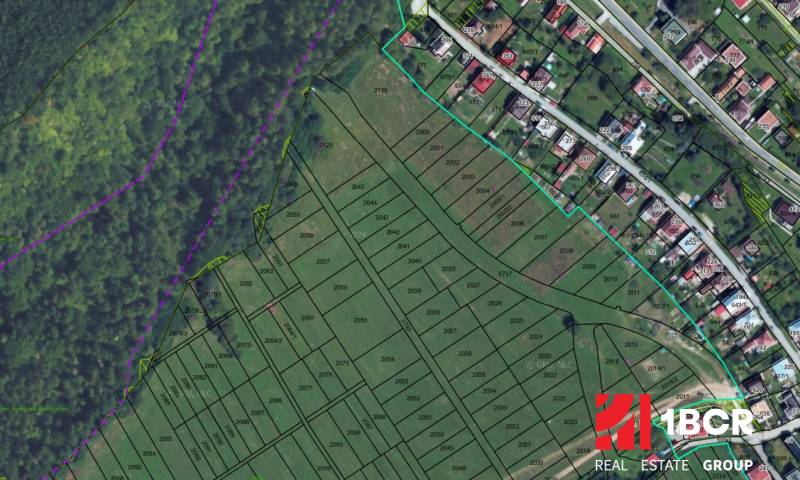 Entwicklungsgrundstücksplan in Snežnica mit angezeigten Parzellen und umliegendem Wald.