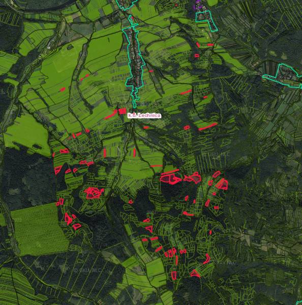 Luftaufnahme von landwirtschaftlichen und forstwirtschaftlichen Flächen in der Umgebung von Lechnice, markiert mit farbigen Linien.