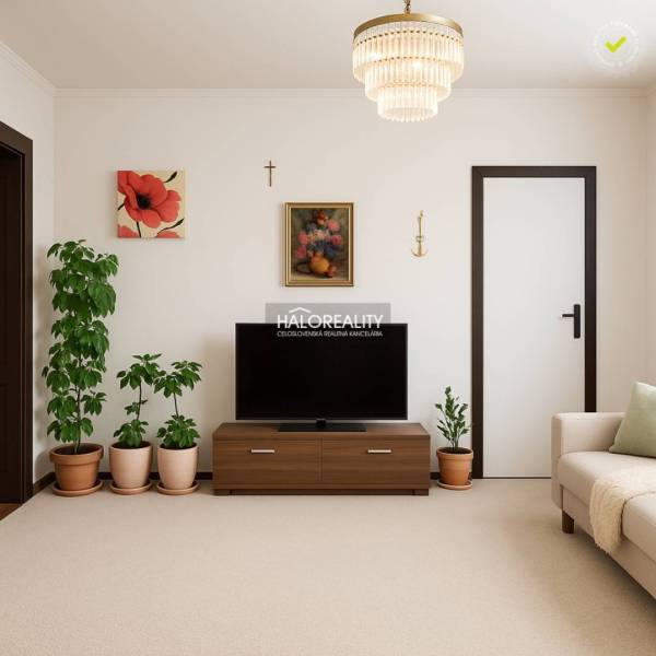 Wohnzimmer in einem Einfamilienhaus mit Fernseher, Zimmerpflanzen und Dekorationen.