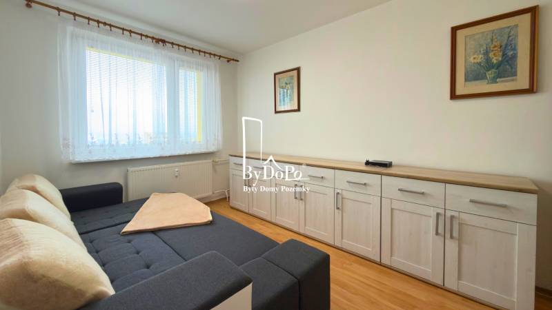 Ein Zimmer mit einem Sofa, Möbeln und einem Boden in Holzoptik in einer 3-Zimmer-Wohnung.