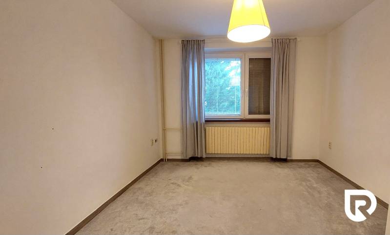 Ein geräumiges Zimmer mit Vorhängen und Teppich in einer 3-Zimmer-Wohnung.