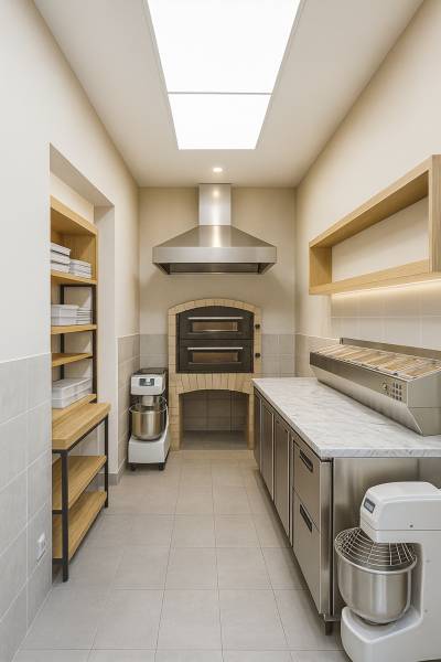 Professionelle Küche mit Ofen, Arbeitsstationen und Stauraum in Geschäftsräumen.