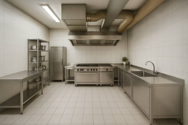 Professionelle Küche in Geschäftsräumen mit Edelstahlgeräten.