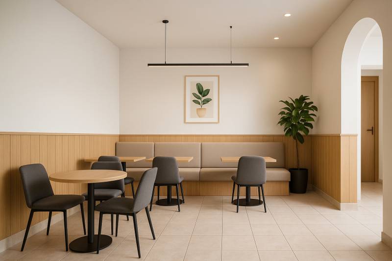 Moderne Sitzecke mit Wand in Holzdekor und Pflanze in einer Zweizimmerwohnung.