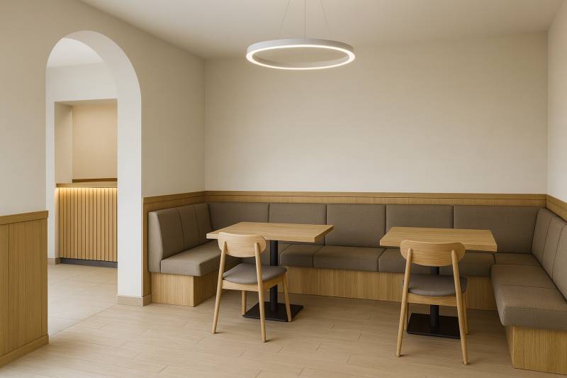 Geschäftsräume mit Holzboden-Dekor, gemütliche Sitzgelegenheiten und runde Leuchte.