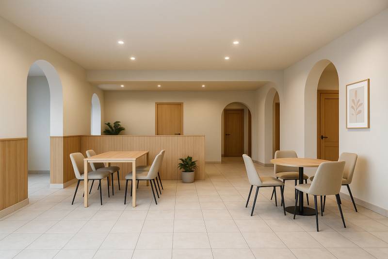 Sanft beleuchtete Geschäftsräume mit Bögen, Möbeln und Fliesen, die eine angenehme Atmosphäre schaffen.