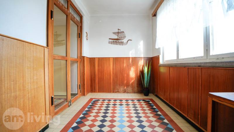 Innenraum eines Einfamilienhauses mit Holzdekor und farbigen Fliesen, verziert mit einer Pflanze.