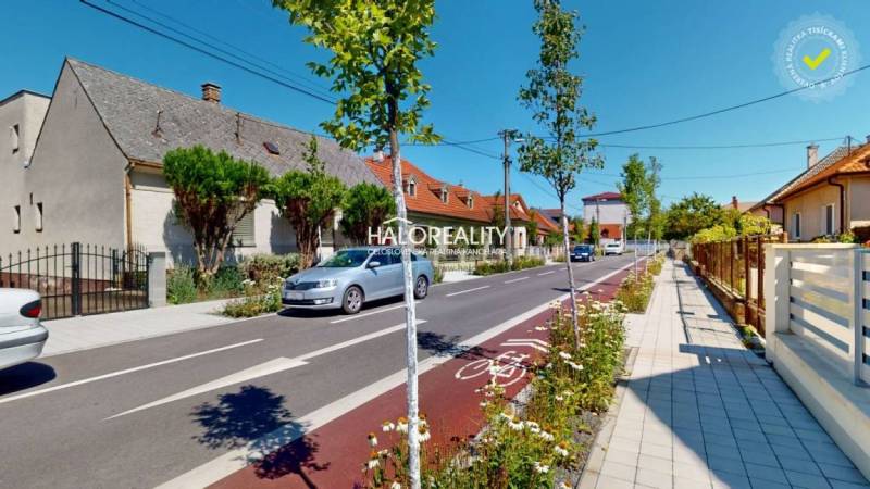 Schöne Straße mit Einfamilienhäusern in Malacky, Radweg und gepflegte Gärten.