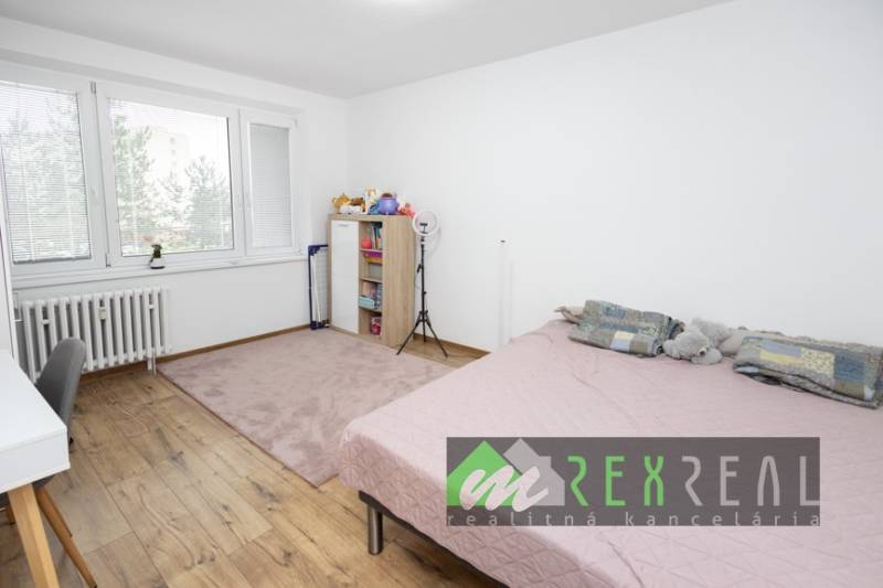 Helles Schlafzimmer in einer 3-Zimmer-Wohnung mit Holzboden und rosa Teppich.