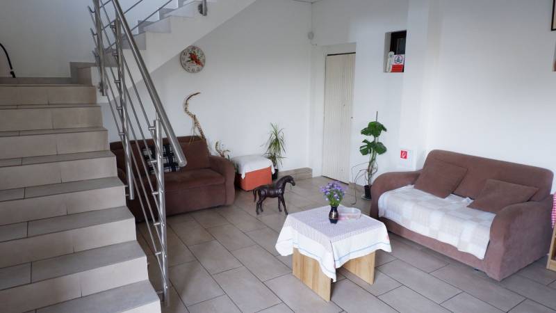 Innenraum mit Sofa, Tisch, Pflanzen und Treppen in Hotels und Pensionen.