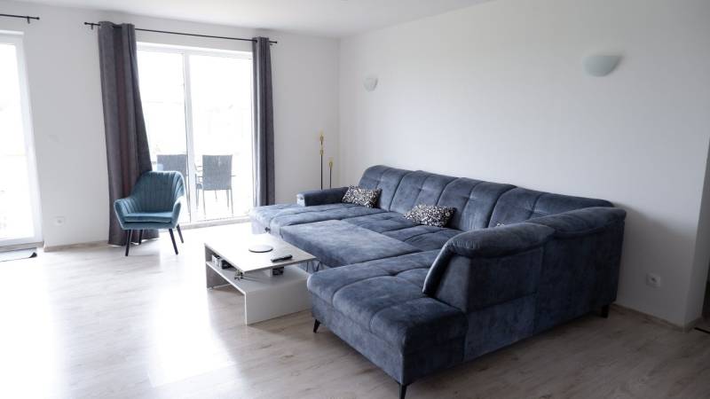Wohnzimmer mit blauer Couch und Sessel, Holzboden, Einfamilienhaus.