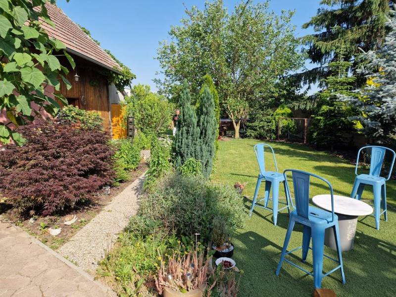 Der Garten eines Einfamilienhauses in Dlhá nad Váhom mit einer Holzhütte und blauen Stühlen.