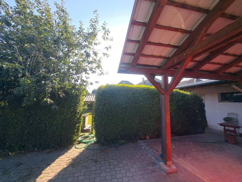 Der Hof des Einfamilienhauses in Neded, mit einer Pergola und dicht gepflanzten Sträuchern.