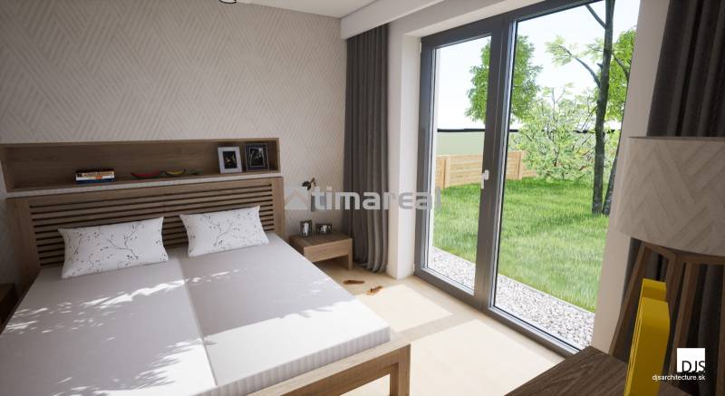 Schlafzimmer im Einfamilienhaus mit Ehebett, großem Fenster und Blick in den Garten.