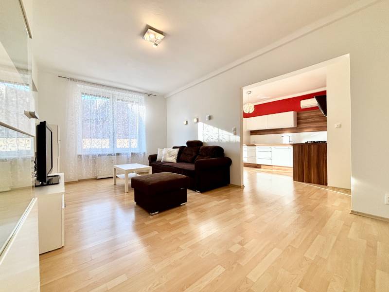 Wohnzimmer in einer Zweizimmerwohnung mit braunem Sofa und Boden in Holzoptik.