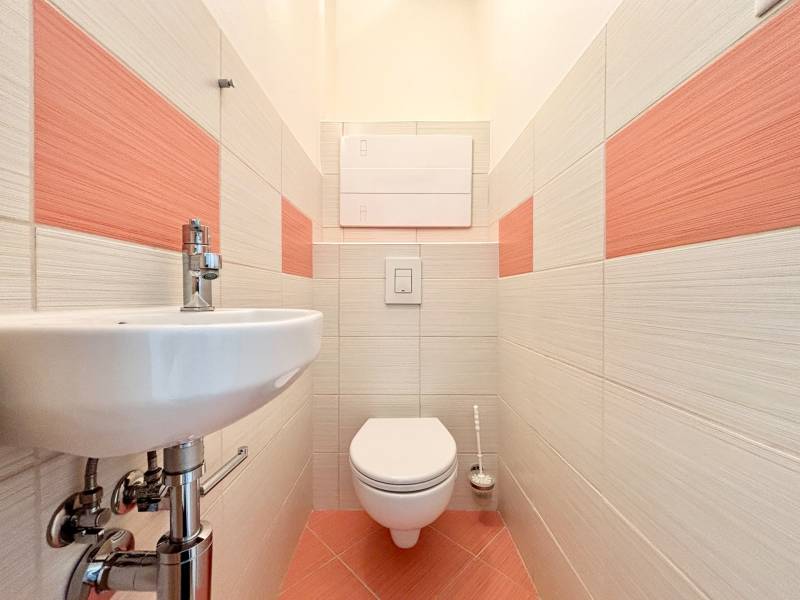 Toilette in einer 2-Zimmer-Wohnung mit Waschbecken und pastellfarbenen Fliesen.