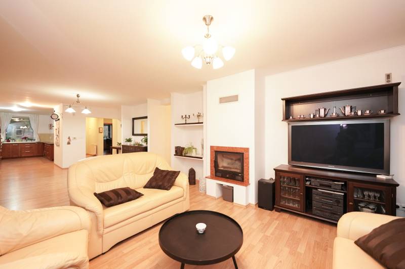 Wohnzimmer in einem Einfamilienhaus mit Kamin, Ledersofas und einem Boden in Holzoptik.