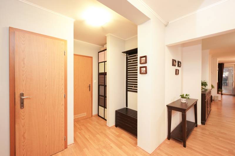 Innenraum eines Einfamilienhauses mit Holzboden, bunten Schränken und einem Blumentopf.