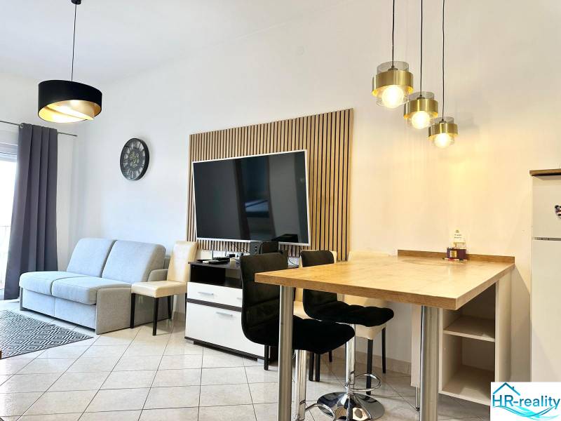 Wohnzimmer einer Ferienwohnung mit Fernseher, Sofa und Bartheke.