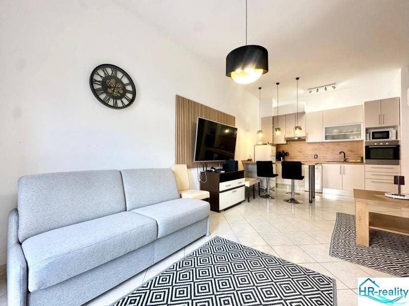 Helles Wohnzimmer mit Küche, Sofa, Fernseher und Essecke in der Ferienwohnung.