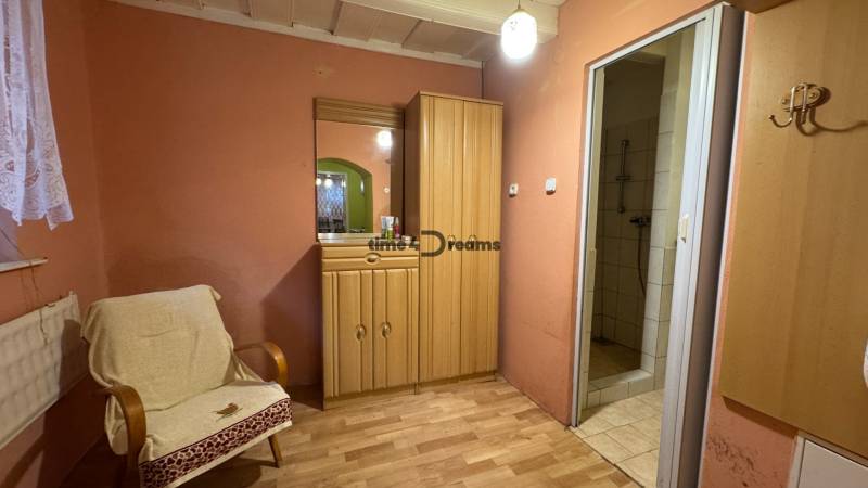 Innenraum eines Einfamilienhauses: Stuhl, Spiegel, Schrank, Boden mit Holzdekor, offene Tür zur Dusche.