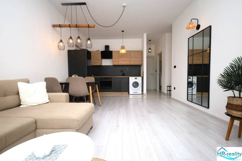 Wohnzimmer der Ferienwohnung mit Küche, Tisch, Spiegel und Holzboden.