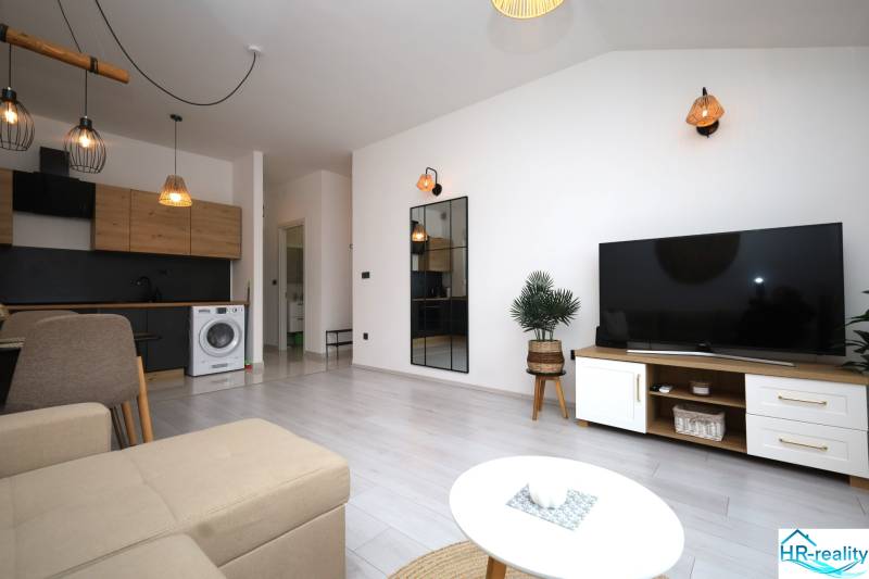 Wohnzimmer eines Ferienapartments mit Sofa, Fernseher und Kochnische.