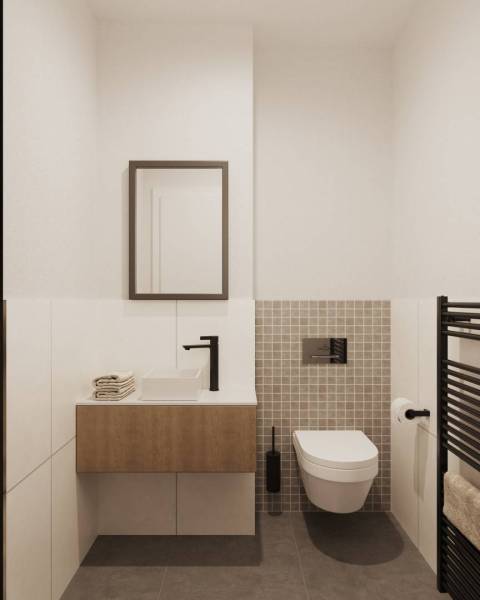 Badezimmer mit Hänge-WC, Waschbecken, Heizung und Spiegel, mit Designerfliesen.