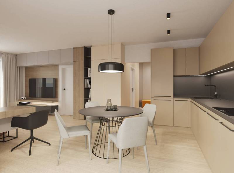 Ein helles Wohnzimmer mit Küchenzeile, modernen Möbeln und einem Boden in Holzoptik.