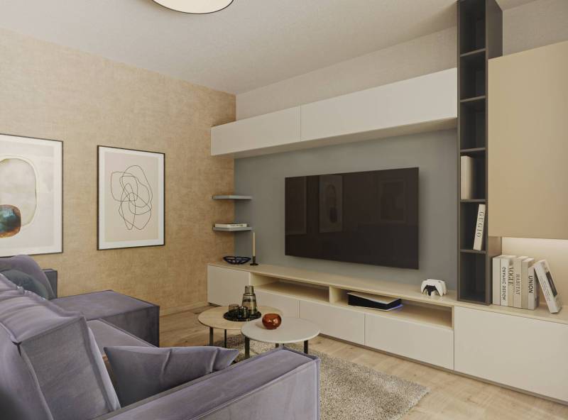 Wohnzimmerinterieur mit einem bequemen Sofa, Fernseher, Bildern und einem Boden in Holzoptik.