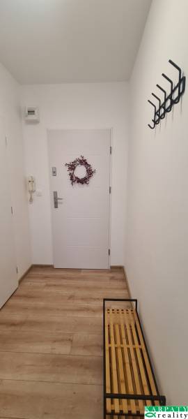 Einzimmerwohnung mit weißen Wänden, Holzboden und Wandgarderobe.