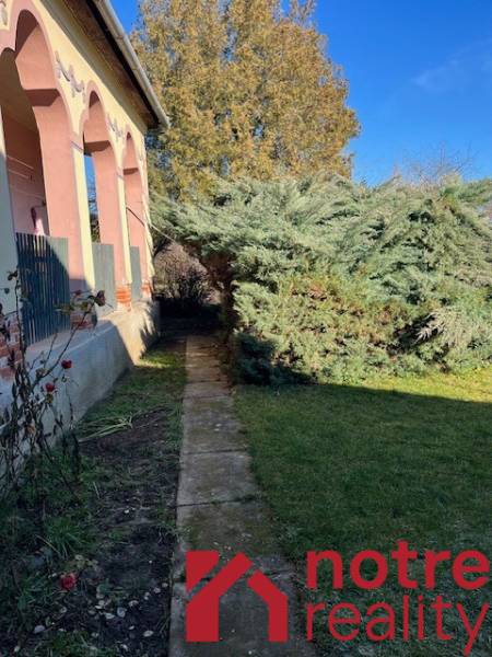 Ein Einfamilienhaus in Tomášovce mit einem Vorgarten und einem großen Baum am Gehweg.