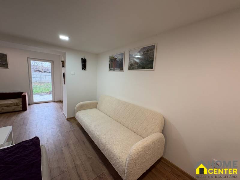 Innenraum einer 1-Zimmer-Wohnung mit Sofa und Boden in Holzoptik.