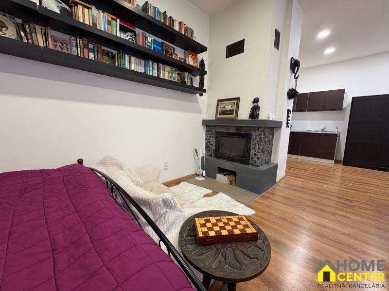 Kamin, Bibliothek und Küche in einer Einzimmerwohnung mit Holzboden.