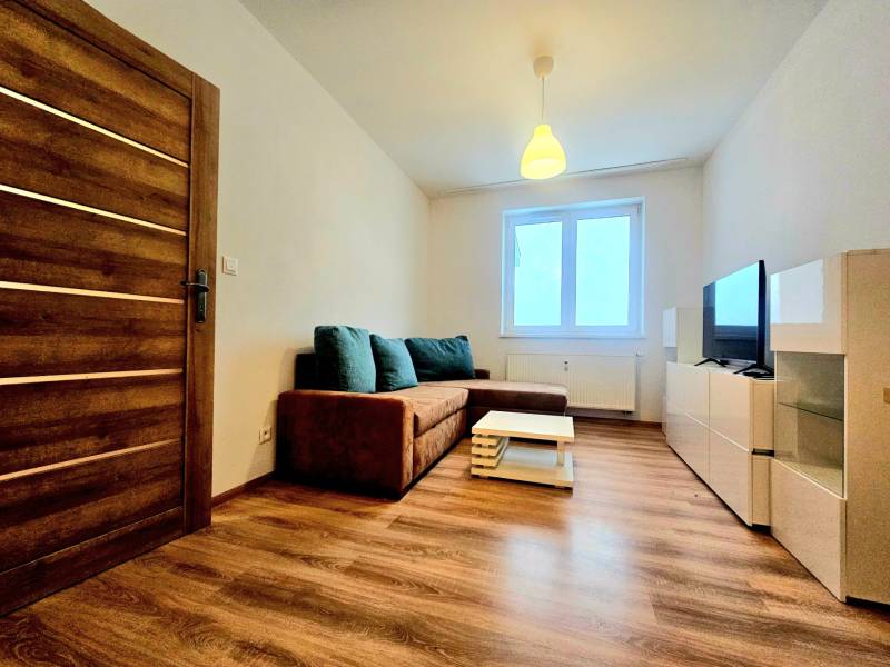 Wohnzimmer in einer Zweizimmerwohnung mit einem Sofa und einem Boden in Holzoptik.