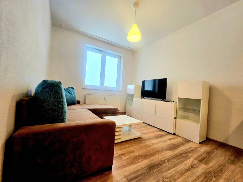 Wohnzimmer einer Zweizimmerwohnung mit Sofa, Fernseher und Holzboden.