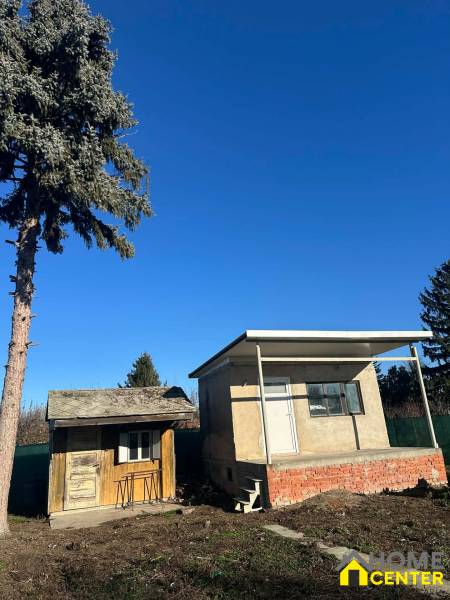 Gärten in der Neusiedlung in Komárno mit kleinen Gebäuden und einem Nadelbaum.