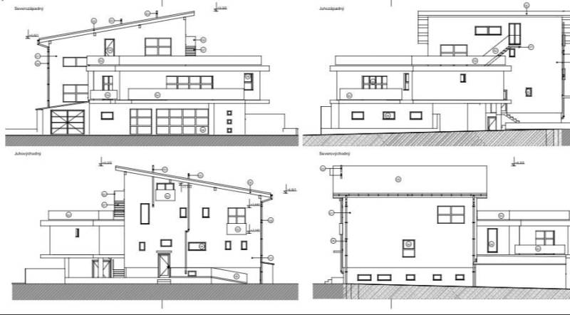 Architektonischer Plan eines Gebäudes in Šaľa mit schrägem Dach und mehreren Stockwerken.