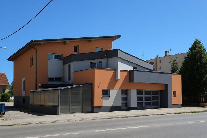 Ein Gebäude in Šaľa mit modernem Design, orange-grauer Fassade und großen Fenstern.