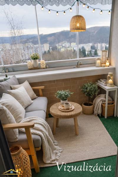 Ein möblierter Balkon mit Sitzgelegenheit in einer 3-Zimmer-Wohnung. Panorama der Stadt Čadca im Hintergrund.