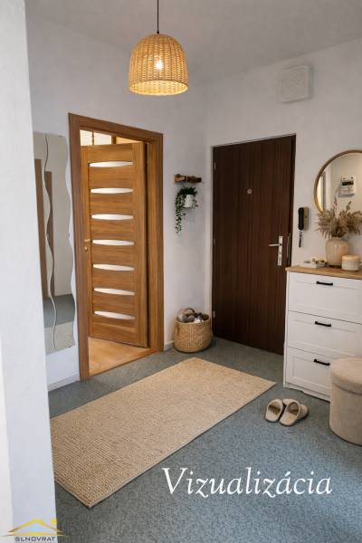 3-Zimmer-Wohnung mit warmer Beleuchtung, Holztüren und weißen Möbeln.