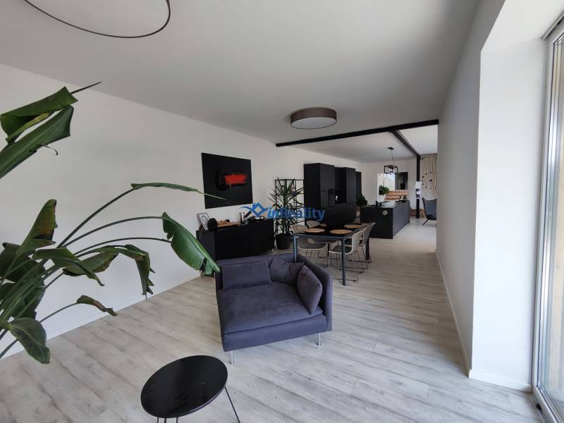 Wohnzimmer in einem Einfamilienhaus mit Holzboden, grauen Möbeln und einer Pflanze.