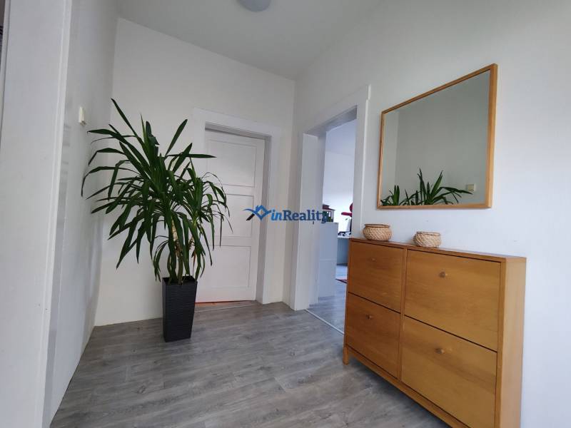 Flur mit Holzboden, Spiegel und Pflanze in einem Einfamilienhaus.